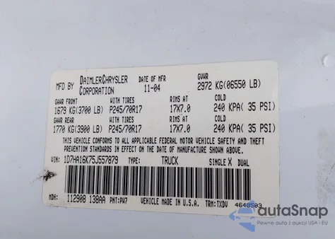 2005 Dodge Ram 1500 St from USA, damaged, VIN 1D7HA16K75J557879